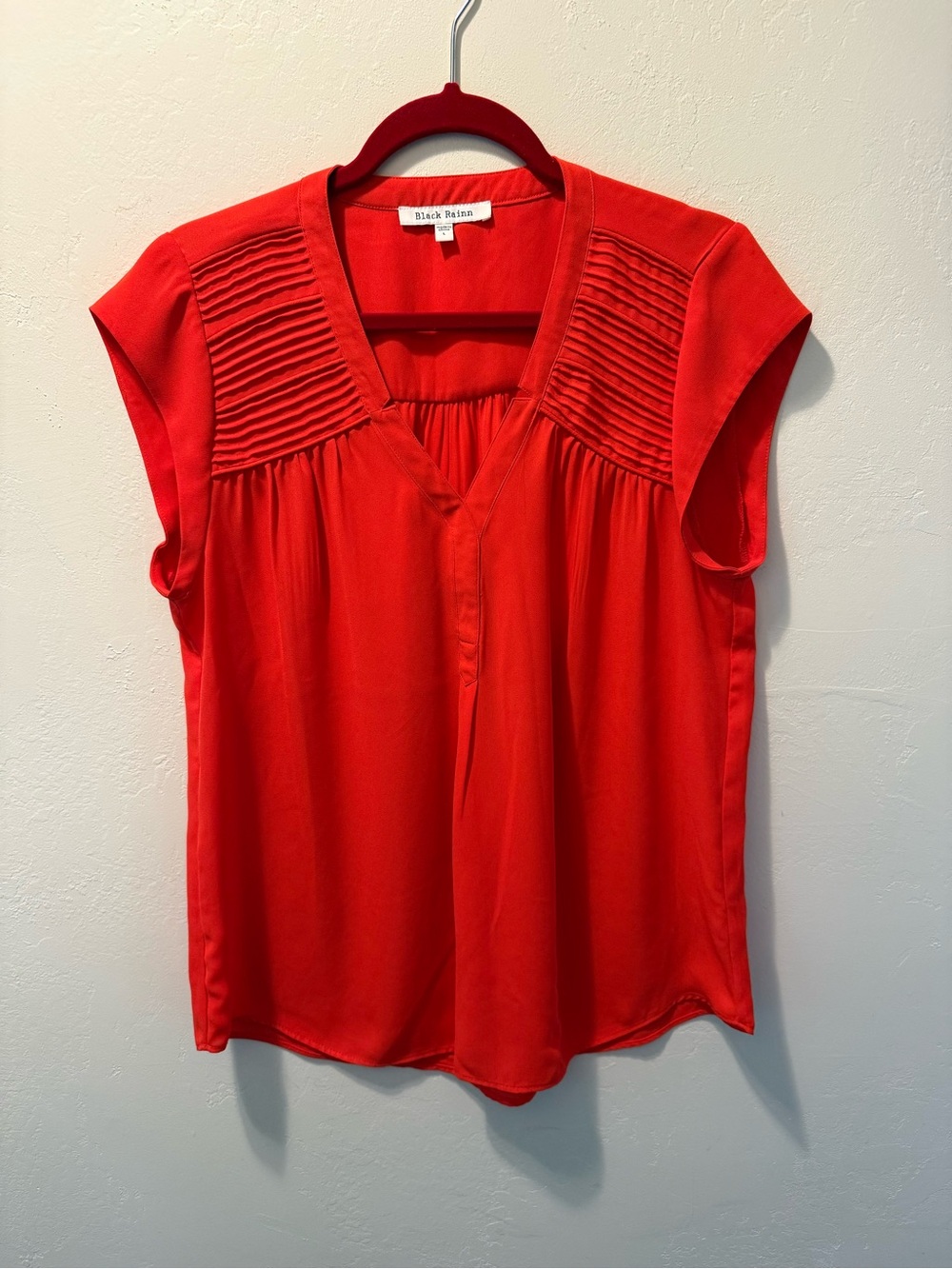 Black Rainn Red Pleated Cap Sleeve V-Neck Blouse with Yoke Detail